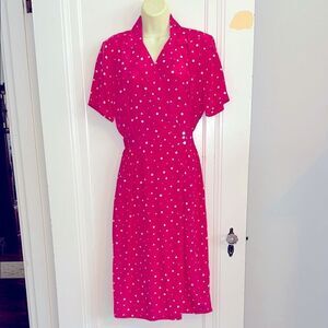 Vintage 80s Laine Bright Pink Wrap Type Short Sleeve Dress with White Polka Dots